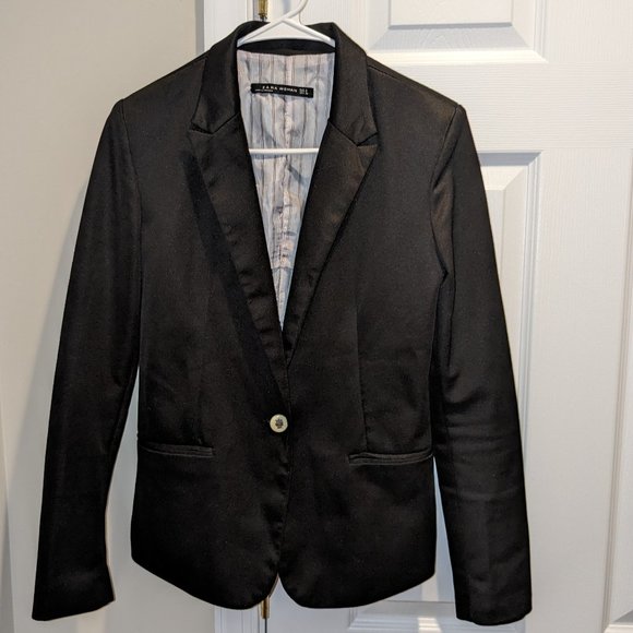 Zara Woman Single Button Blazer Shiny Black Lined Suit Jacket Size S - Picture 1 of 7